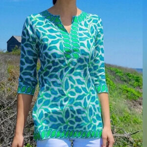 Gretchen Scott Tunic Top Tropical Resort Wear Leaf Pattern Blouse Sz Small